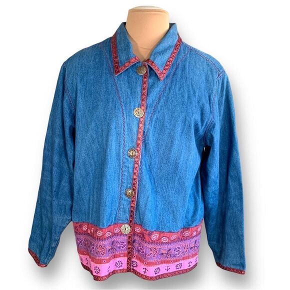 Vintage 90s Denim Jacket Pink Trim Medium Wash Floral Printed Shacket Large - Picture 15 of 15